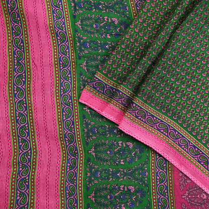 Indian Vintage Sari Green Pure Cotton Printed Sarees Craft Fabric 5Yd Soft Sewing Sarong Wrap Boho Floral Quilting Upcycle Crafting