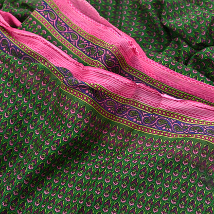 Indian Vintage Sari Green Pure Cotton Printed Sarees Craft Fabric 5Yd Soft Sewing Sarong Wrap Boho Floral Quilting Upcycle Crafting