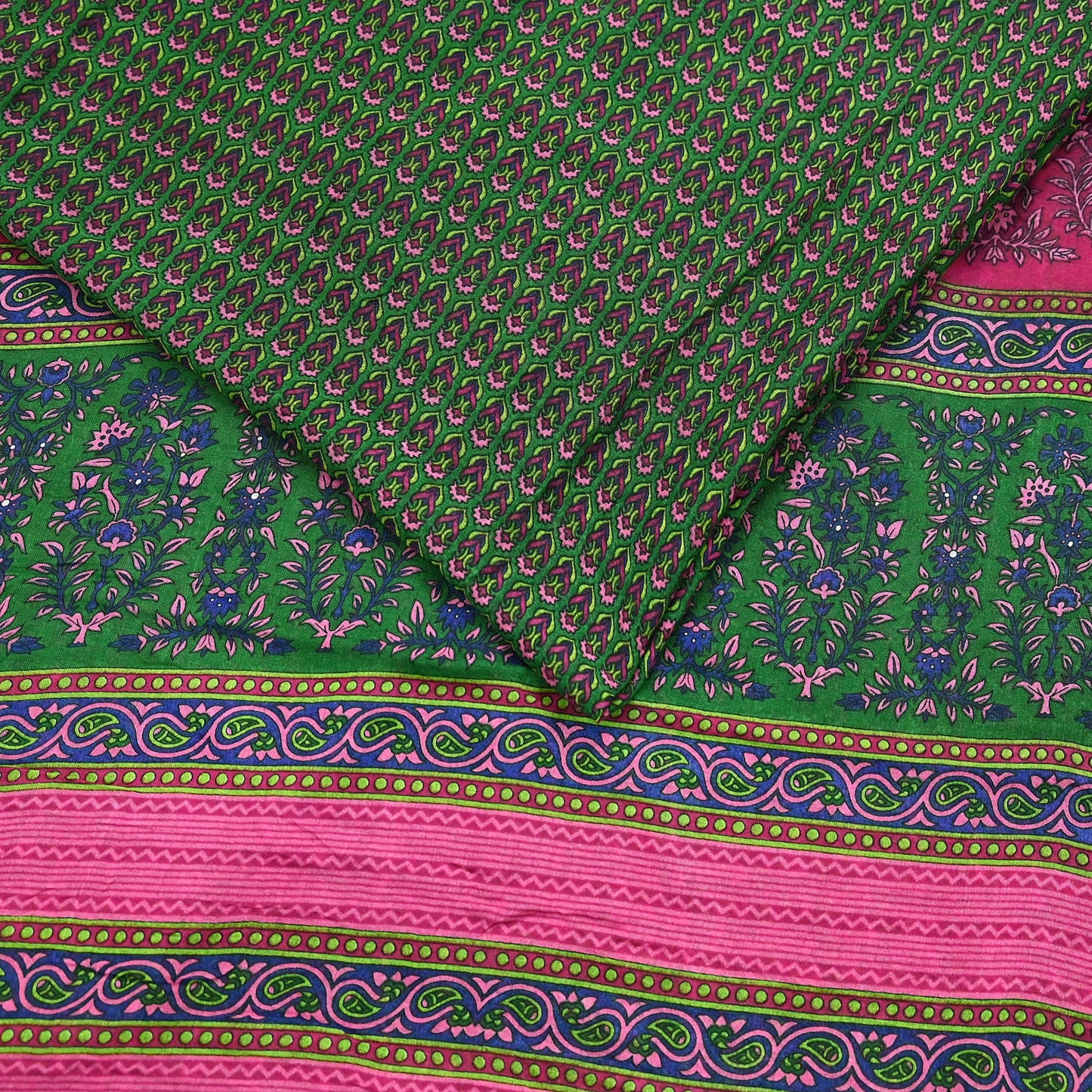 Indian Vintage Sari Green Pure Cotton Printed Sarees Craft Fabric 5Yd Soft Sewing Sarong Wrap Boho Floral Quilting Upcycle Crafting