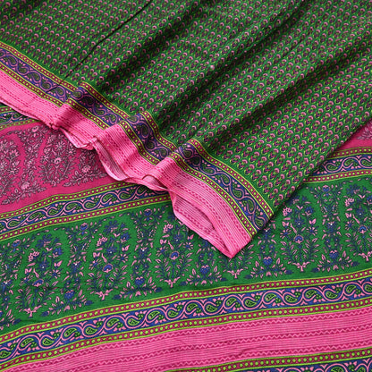 Indian Vintage Sari Green Pure Cotton Printed Sarees Craft Fabric 5Yd Soft Sewing Sarong Wrap Boho Floral Quilting Upcycle Crafting
