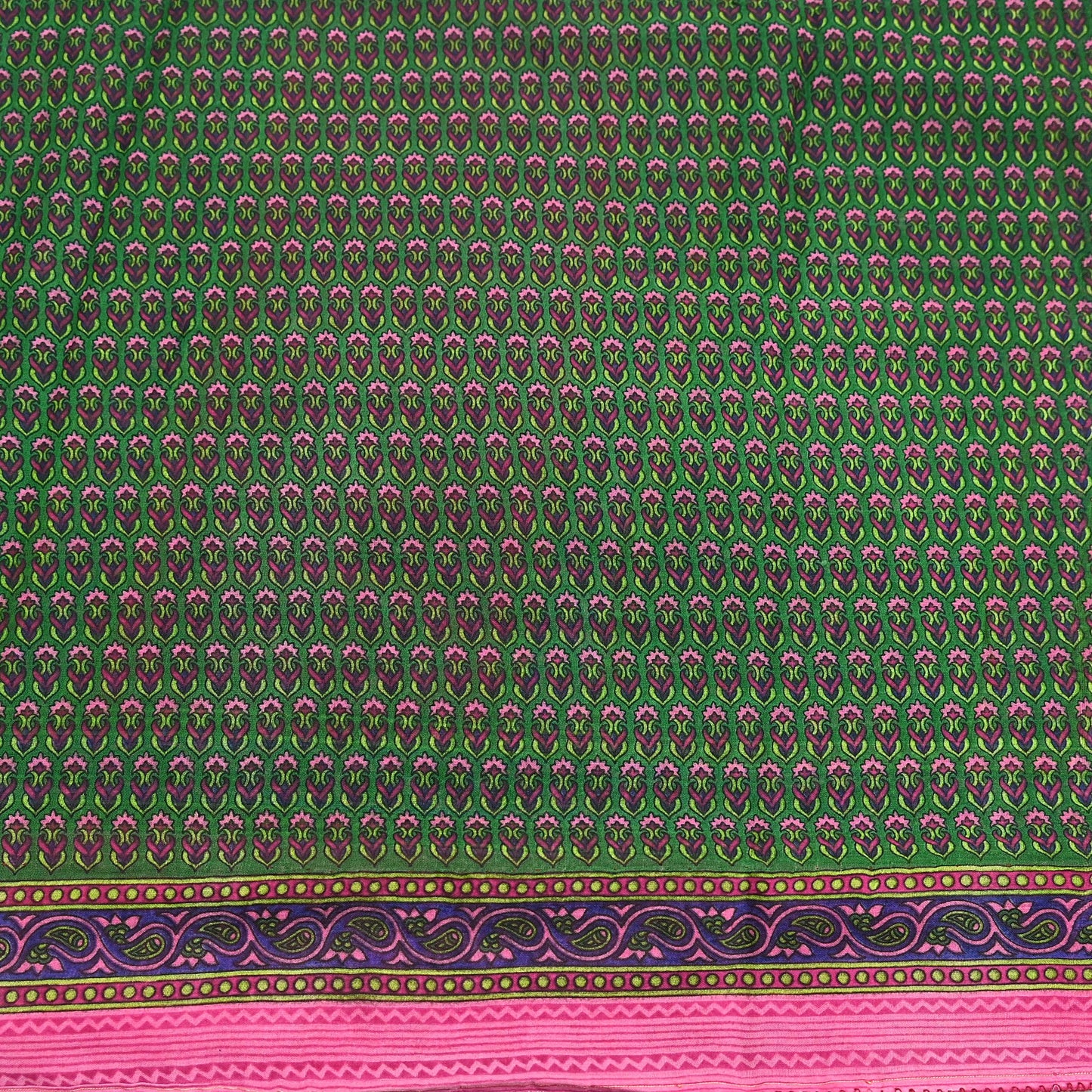 Indian Vintage Sari Green Pure Cotton Printed Sarees Craft Fabric 5Yd Soft Sewing Sarong Wrap Boho Floral Quilting Upcycle Crafting