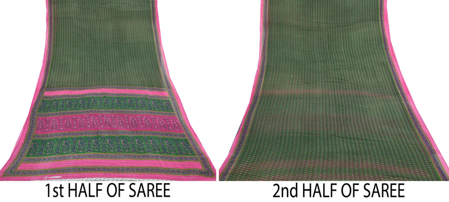 Indian Vintage Sari Green Pure Cotton Printed Sarees Craft Fabric 5Yd Soft Sewing Sarong Wrap Boho Floral Quilting Upcycle Crafting