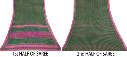 Indian Vintage Sari Green Pure Cotton Printed Sarees Craft Fabric 5Yd Soft Sewing Sarong Wrap Boho Floral Quilting Upcycle Crafting