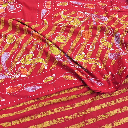 Indian Vintage Sari Red Batik Printed Saree 100% Pure Cotton 5Yd Craft Fabric Soft Sewing Sarong Wrap Boho Quilting Dress Making