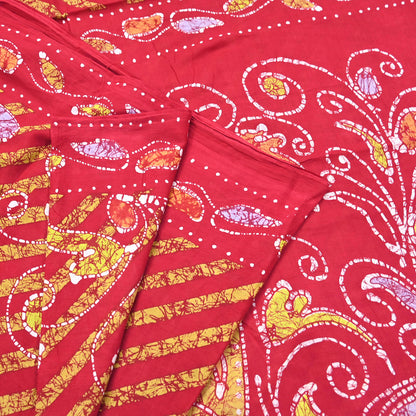 Indian Vintage Sari Red Batik Printed Saree 100% Pure Cotton 5Yd Craft Fabric Soft Sewing Sarong Wrap Boho Quilting Dress Making