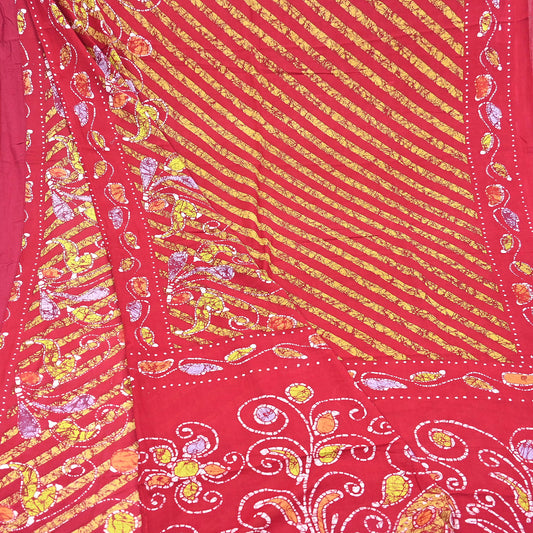 Indian Vintage Sari Red Batik Printed Saree 100% Pure Cotton 5Yd Craft Fabric Soft Sewing Sarong Wrap Boho Quilting Dress Making