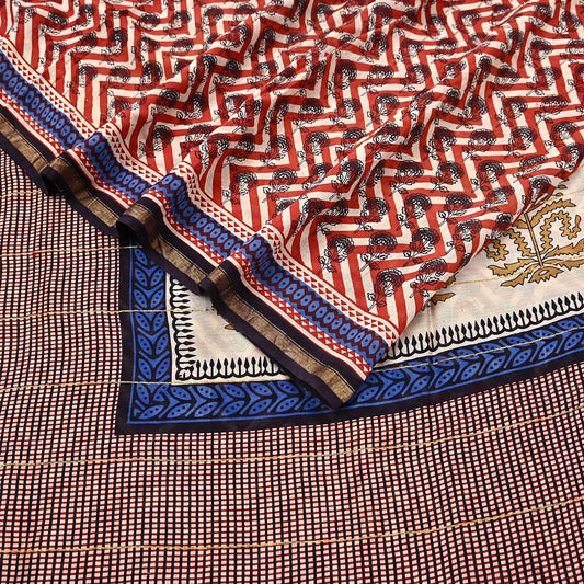 Vintage Beige & Orange Block Printed Pure Chanderi Silk Saree Floral Zari Border 6 Yards Soft Craft Fabric for Upcycling, Dressmaking,