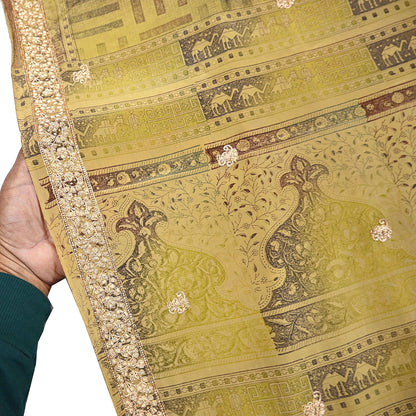 Indian Vintage Saree Green Pure Crepe Silk Hand Embroidered Sari Fabric 5yard Sewing Craft Fabric Ethnic Dressmaking Zardozi Zari