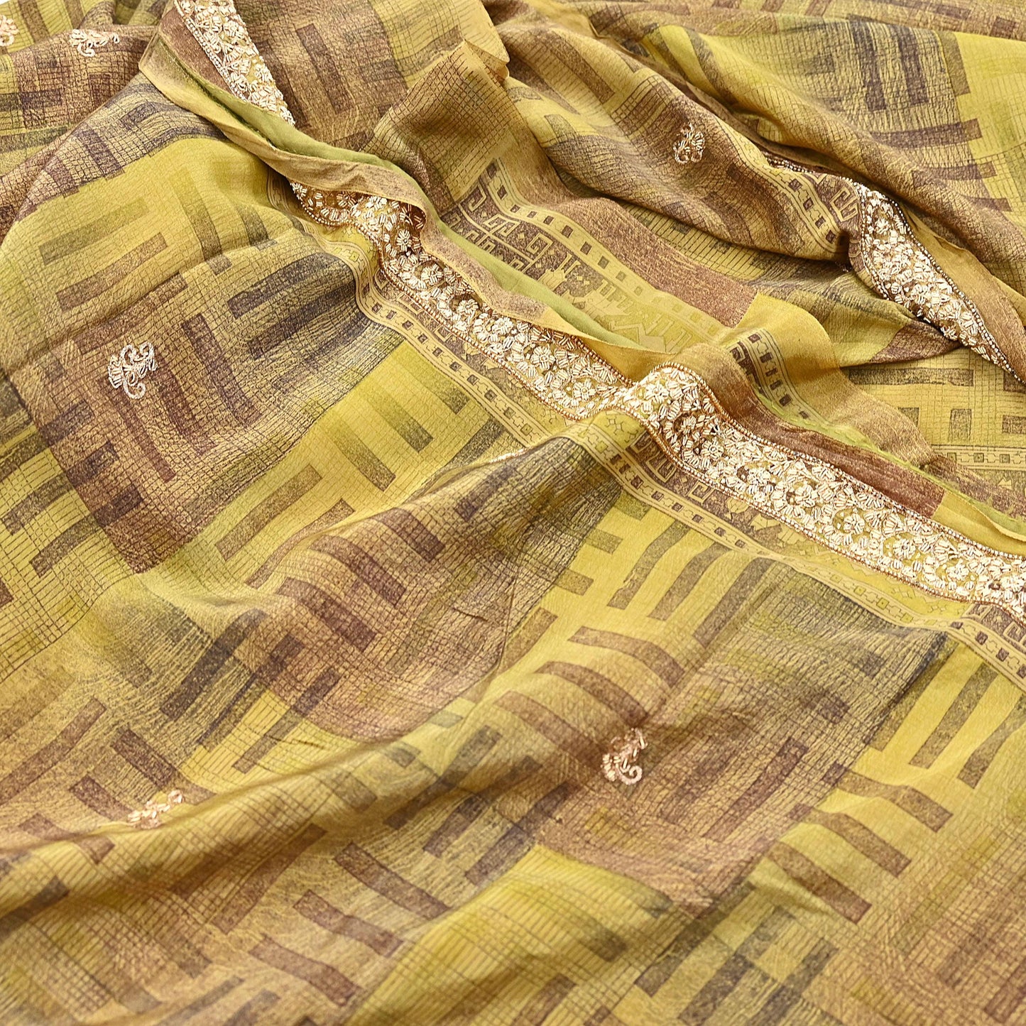 Indian Vintage Saree Green Pure Crepe Silk Hand Embroidered Sari Fabric 5yard Sewing Craft Fabric Ethnic Dressmaking Zardozi Zari