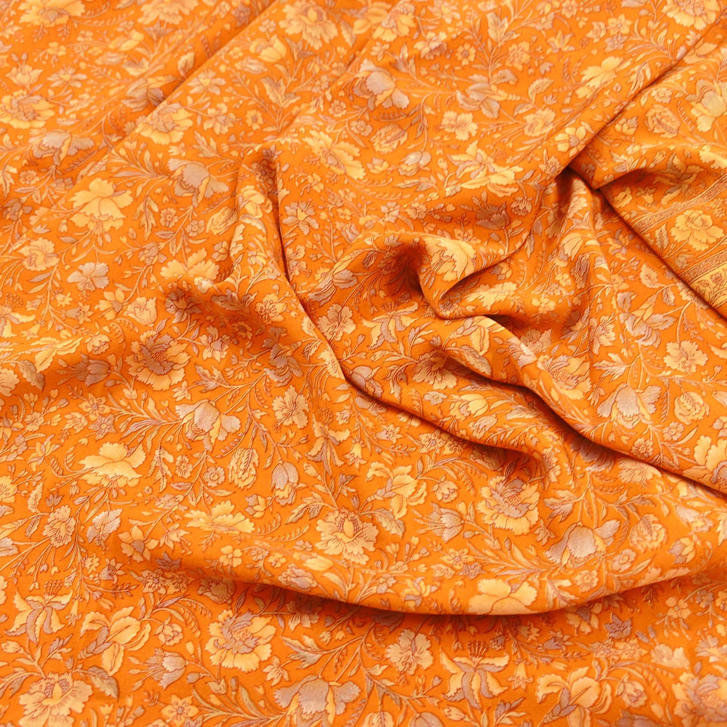 Indian Vintage Sari Orange Pure Crepe Silk Printed Saree 5yard Sewing Quilting Floral Soft Craft Fabric Wrap