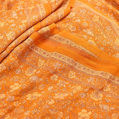Indian Vintage Sari Orange Pure Crepe Silk Printed Saree 5yard Sewing Quilting Floral Soft Craft Fabric Wrap