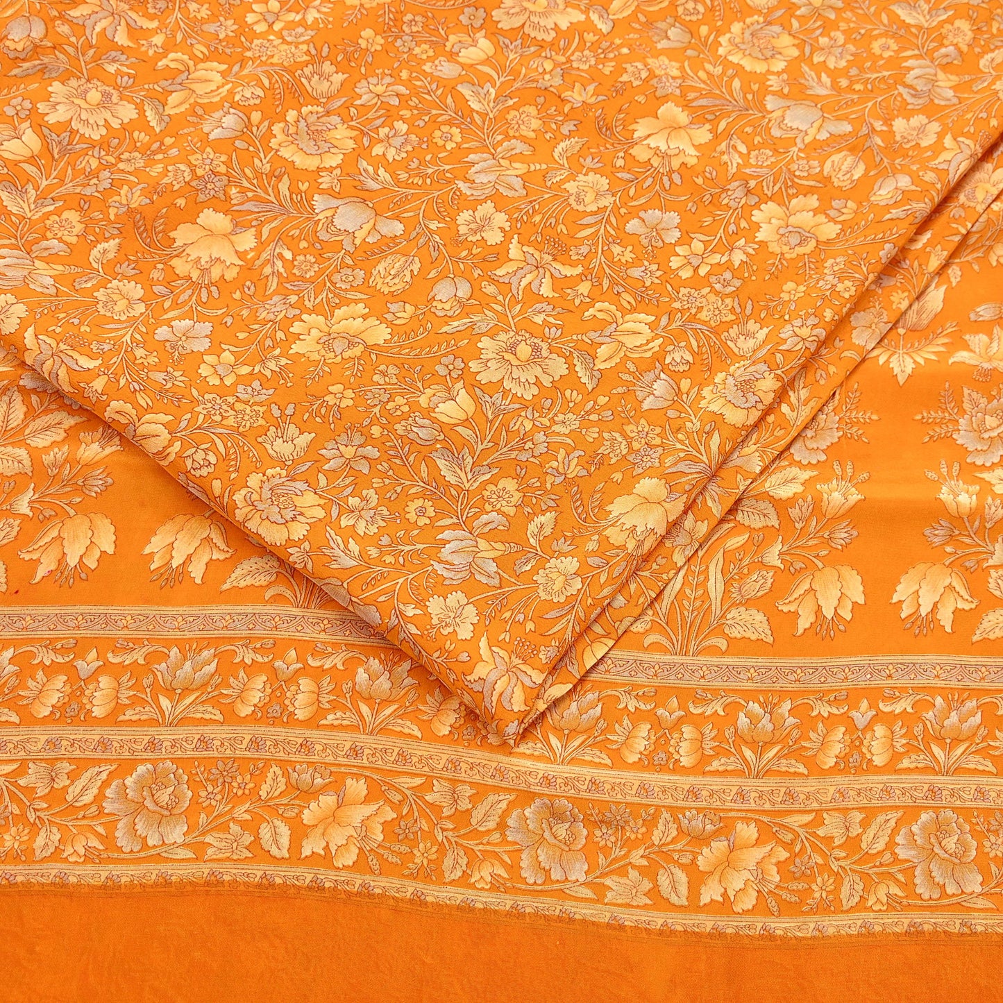 Indian Vintage Sari Orange Pure Crepe Silk Printed Saree 5yard Sewing Quilting Floral Soft Craft Fabric Wrap