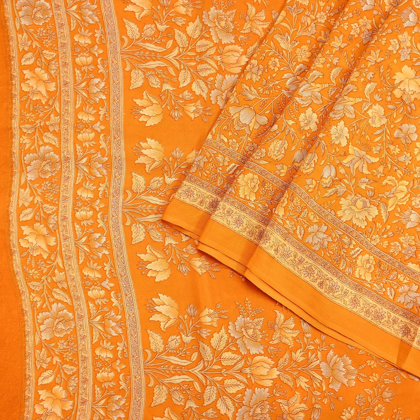 Indian Vintage Sari Orange Pure Crepe Silk Printed Saree 5yard Sewing Quilting Floral Soft Craft Fabric Wrap