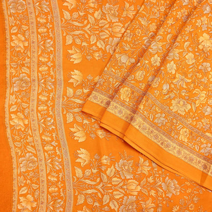 Indian Vintage Sari Orange Pure Crepe Silk Printed Saree 5yard Sewing Quilting Floral Soft Craft Fabric Wrap
