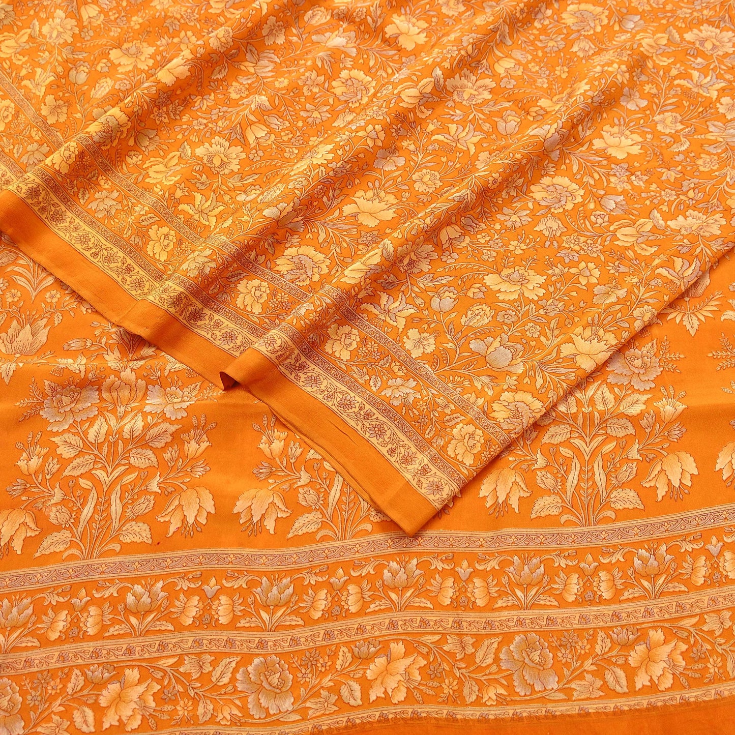 Indian Vintage Sari Orange Pure Crepe Silk Printed Saree 5yard Sewing Quilting Floral Soft Craft Fabric Wrap