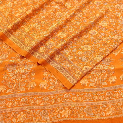 Indian Vintage Sari Orange Pure Crepe Silk Printed Saree 5yard Sewing Quilting Floral Soft Craft Fabric Wrap