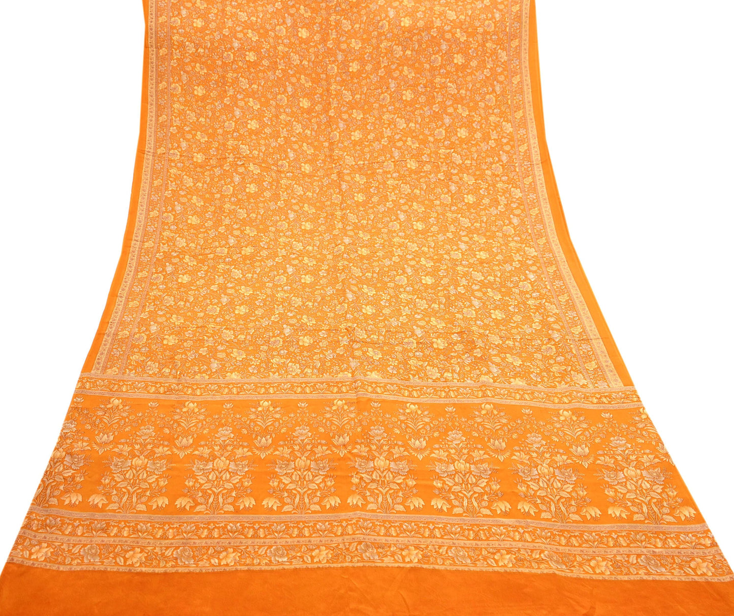 Indian Vintage Sari Orange Pure Crepe Silk Printed Saree 5yard Sewing Quilting Floral Soft Craft Fabric Wrap