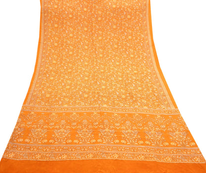 Indian Vintage Sari Orange Pure Crepe Silk Printed Saree 5yard Sewing Quilting Floral Soft Craft Fabric Wrap