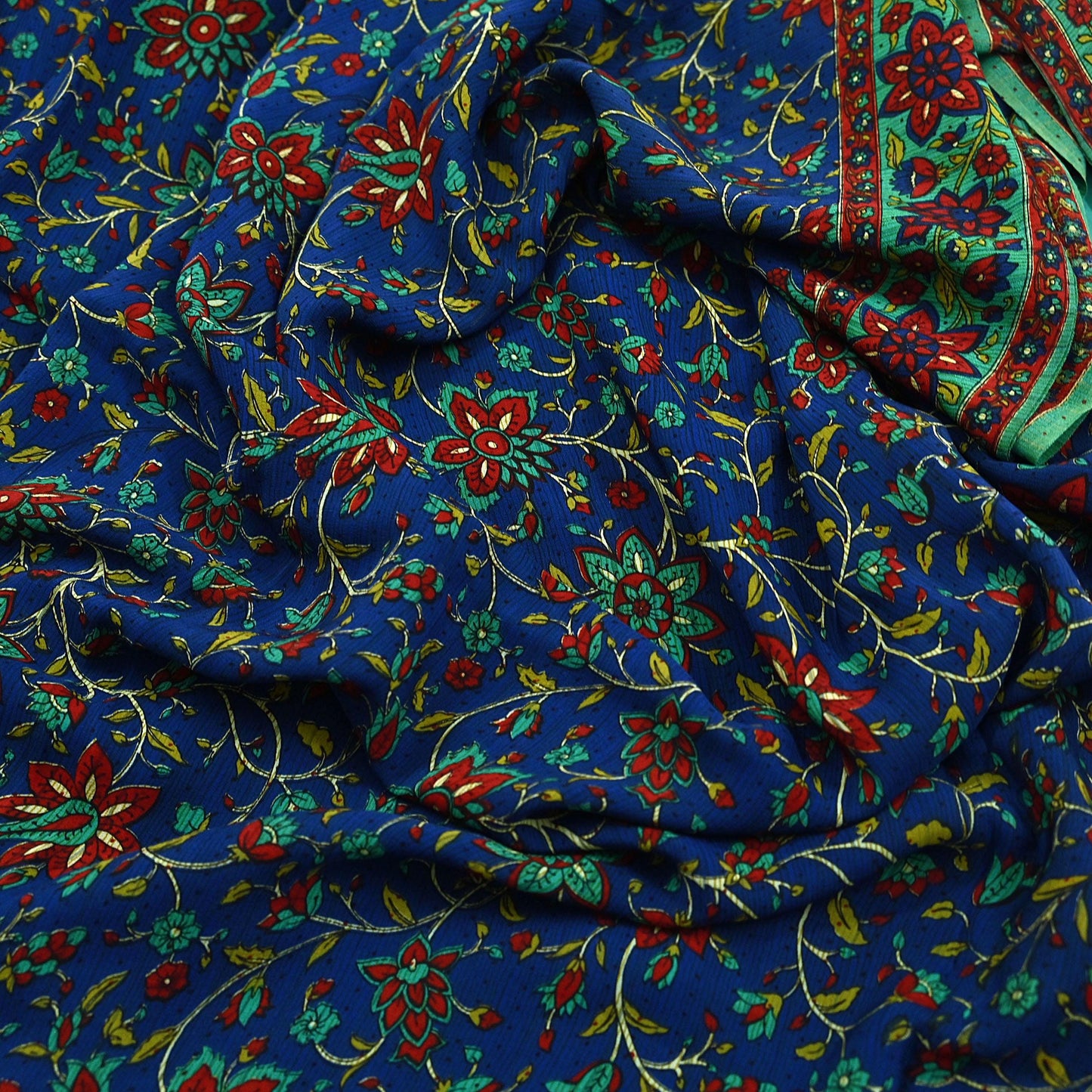 Indian Vintage Sari Blue & Green Pure Crepe Silk Printed Saree 5yard Sewing Quilting Floral Soft Craft Fabric Wrap
