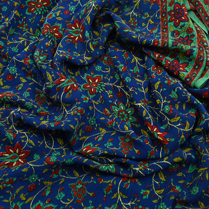 Indian Vintage Sari Blue & Green Pure Crepe Silk Printed Saree 5yard Sewing Quilting Floral Soft Craft Fabric Wrap