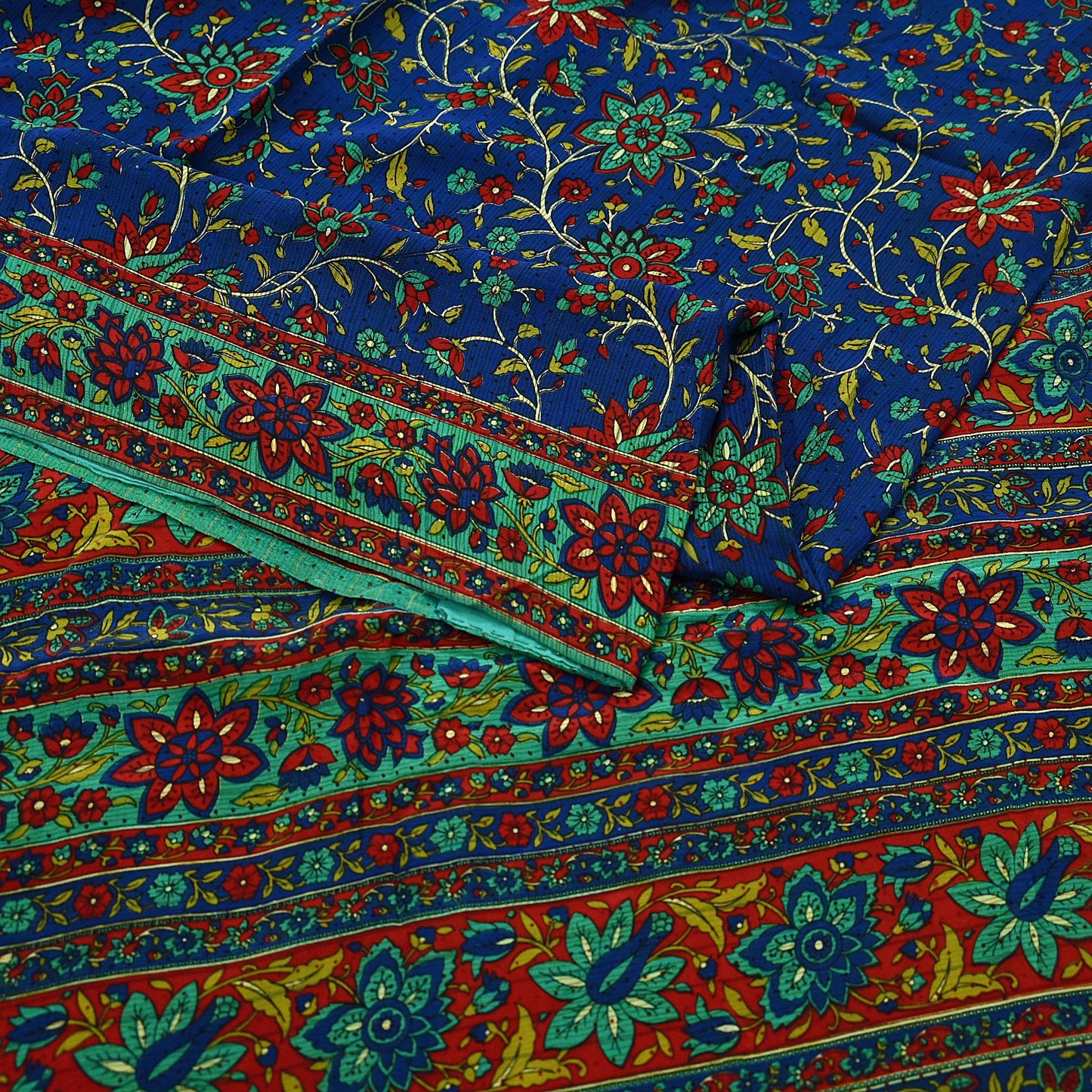 Indian Vintage Sari Blue & Green Pure Crepe Silk Printed Saree 5yard Sewing Quilting Floral Soft Craft Fabric Wrap