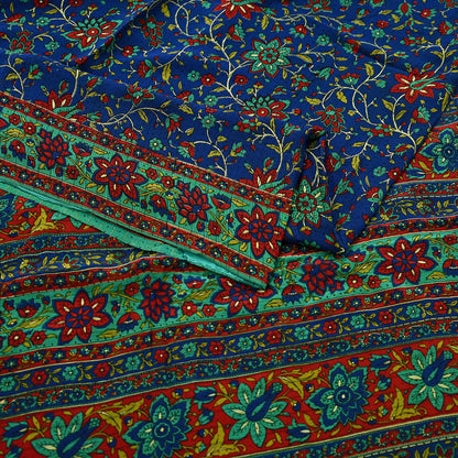 Indian Vintage Sari Blue & Green Pure Crepe Silk Printed Saree 5yard Sewing Quilting Floral Soft Craft Fabric Wrap