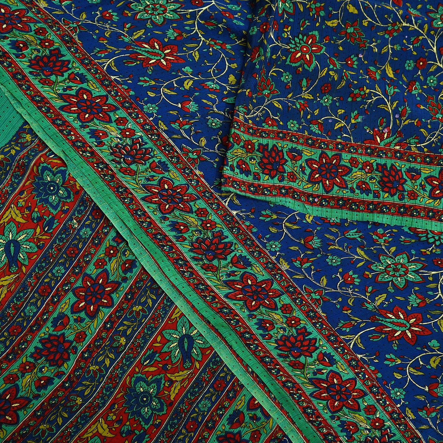 Indian Vintage Sari Blue & Green Pure Crepe Silk Printed Saree 5yard Sewing Quilting Floral Soft Craft Fabric Wrap