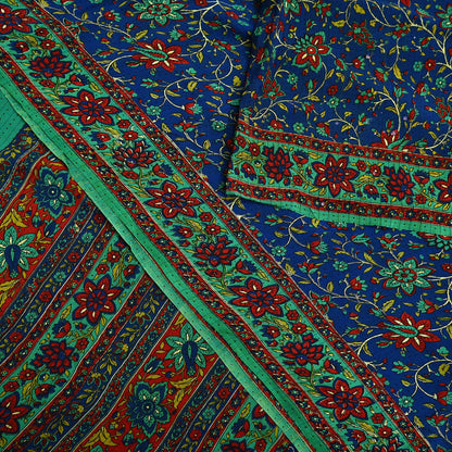Indian Vintage Sari Blue & Green Pure Crepe Silk Printed Saree 5yard Sewing Quilting Floral Soft Craft Fabric Wrap