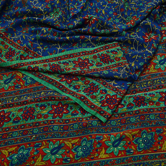 Indian Vintage Sari Blue & Green Pure Crepe Silk Printed Saree 5yard Sewing Quilting Floral Soft Craft Fabric Wrap