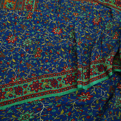 Indian Vintage Sari Blue & Green Pure Crepe Silk Printed Saree 5yard Sewing Quilting Floral Soft Craft Fabric Wrap
