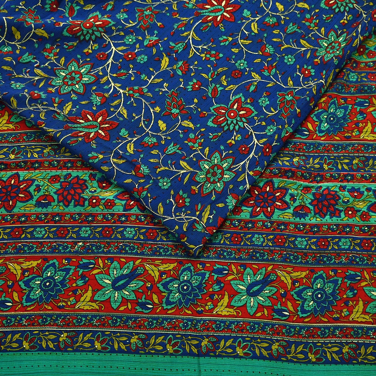 Indian Vintage Sari Blue & Green Pure Crepe Silk Printed Saree 5yard Sewing Quilting Floral Soft Craft Fabric Wrap
