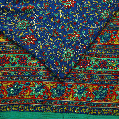 Indian Vintage Sari Blue & Green Pure Crepe Silk Printed Saree 5yard Sewing Quilting Floral Soft Craft Fabric Wrap