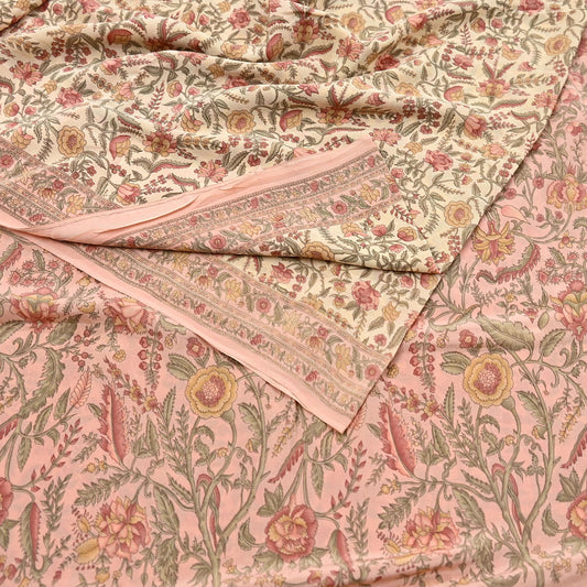 Indian Vintage Sari Beige & Peach Pure Crepe Silk Printed Saree 5yard Sewing Quilting Floral Soft Craft Fabric Wrap