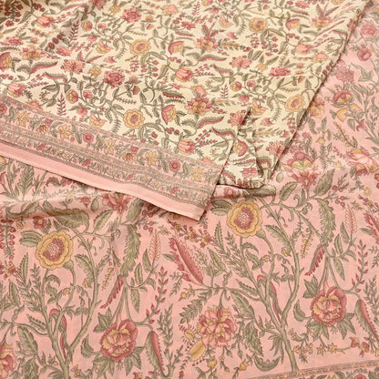 Indian Vintage Sari Beige & Peach Pure Crepe Silk Printed Saree 5yard Sewing Quilting Floral Soft Craft Fabric Wrap