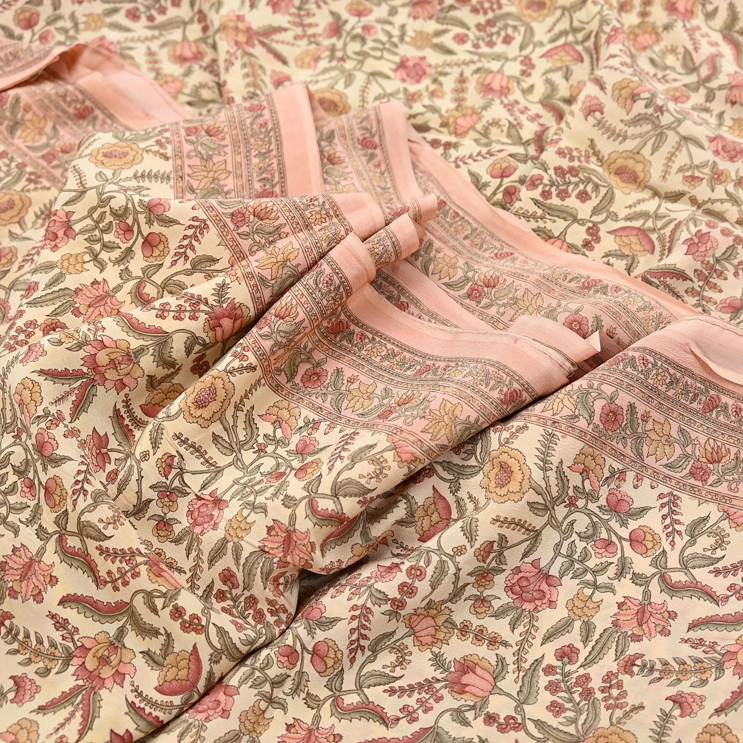 Indian Vintage Sari Beige & Peach Pure Crepe Silk Printed Saree 5yard Sewing Quilting Floral Soft Craft Fabric Wrap