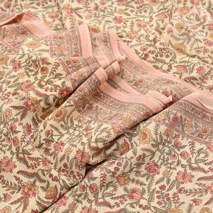 Indian Vintage Sari Beige & Peach Pure Crepe Silk Printed Saree 5yard Sewing Quilting Floral Soft Craft Fabric Wrap