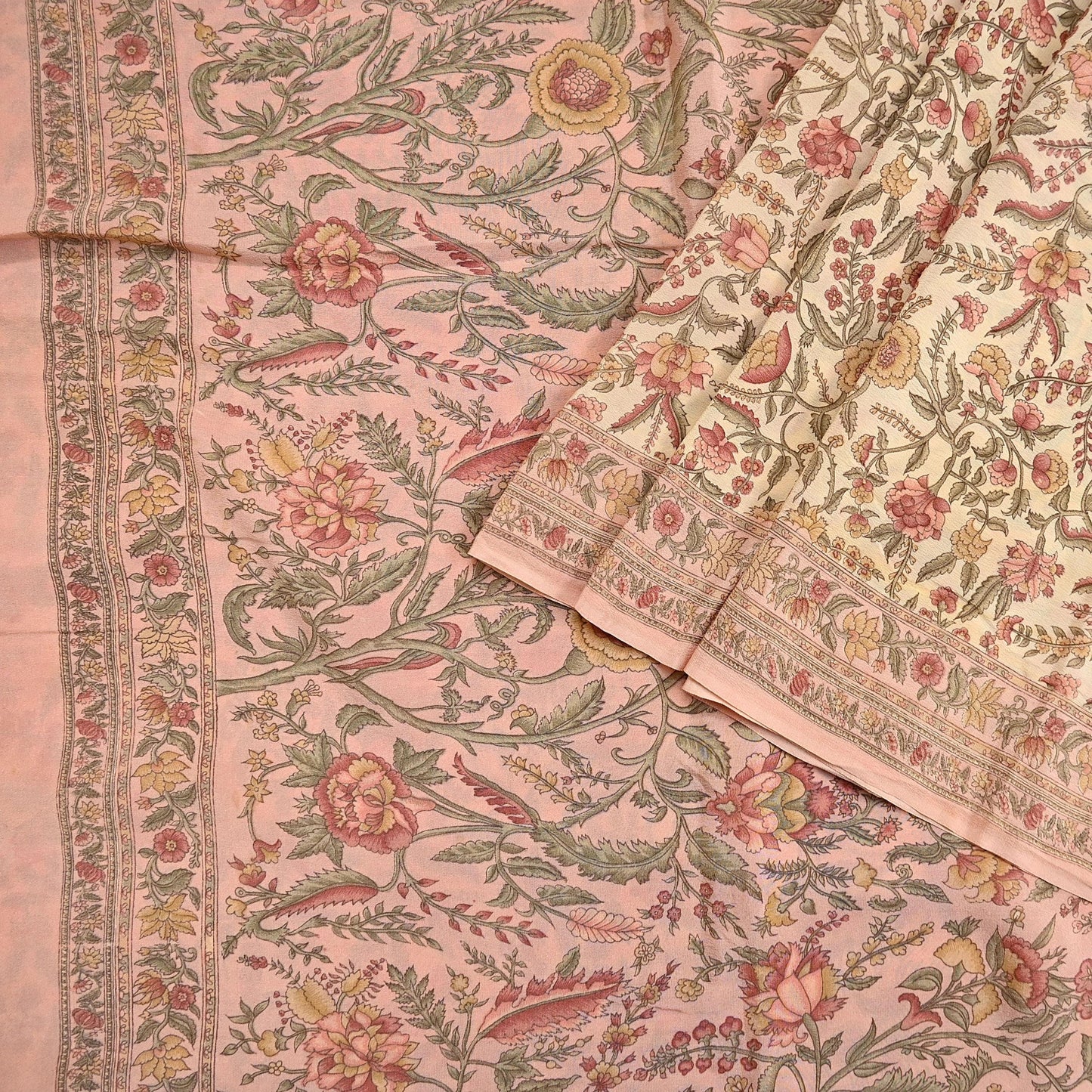 Indian Vintage Sari Beige & Peach Pure Crepe Silk Printed Saree 5yard Sewing Quilting Floral Soft Craft Fabric Wrap