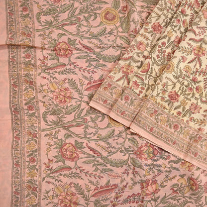 Indian Vintage Sari Beige & Peach Pure Crepe Silk Printed Saree 5yard Sewing Quilting Floral Soft Craft Fabric Wrap