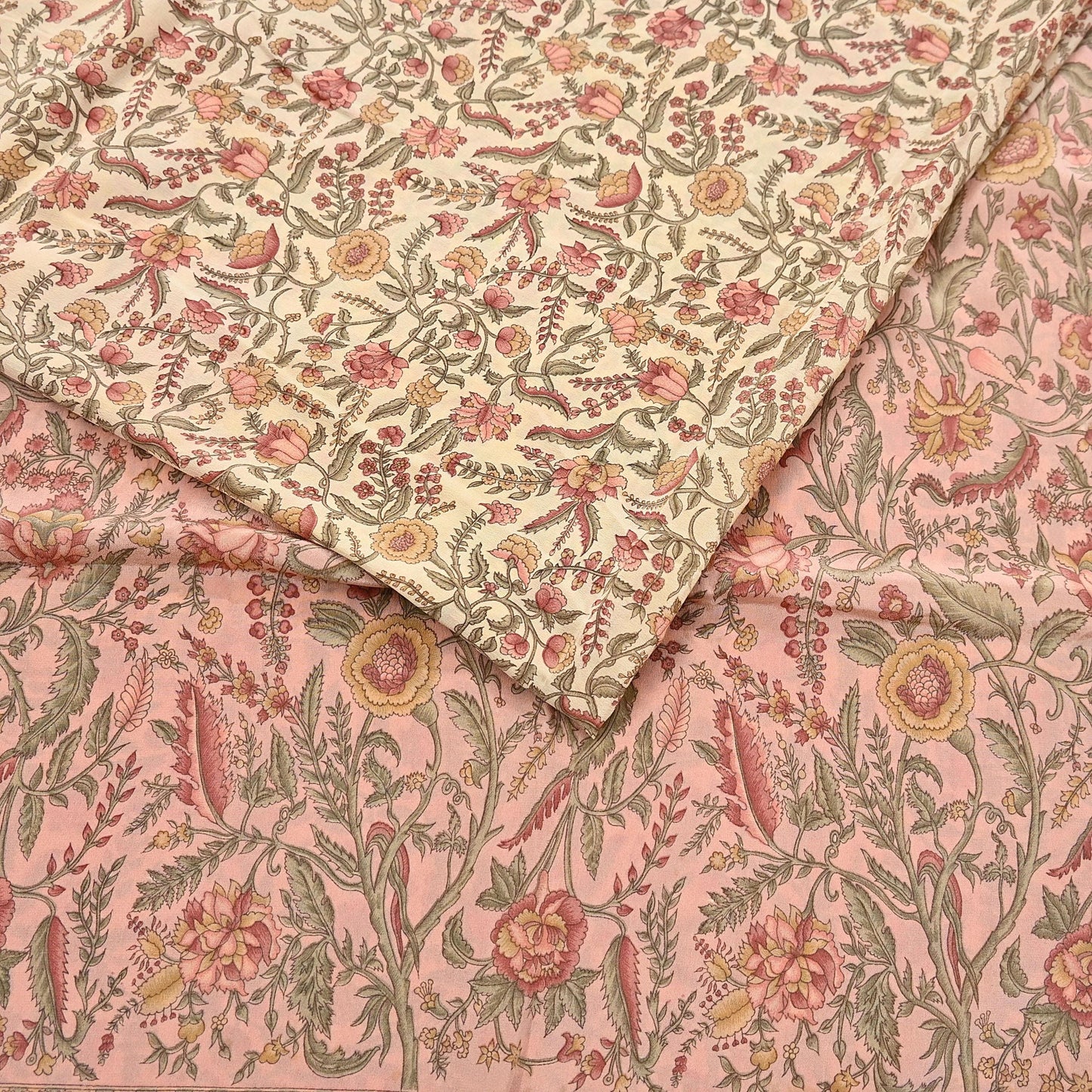 Indian Vintage Sari Beige & Peach Pure Crepe Silk Printed Saree 5yard Sewing Quilting Floral Soft Craft Fabric Wrap