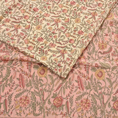 Indian Vintage Sari Beige & Peach Pure Crepe Silk Printed Saree 5yard Sewing Quilting Floral Soft Craft Fabric Wrap