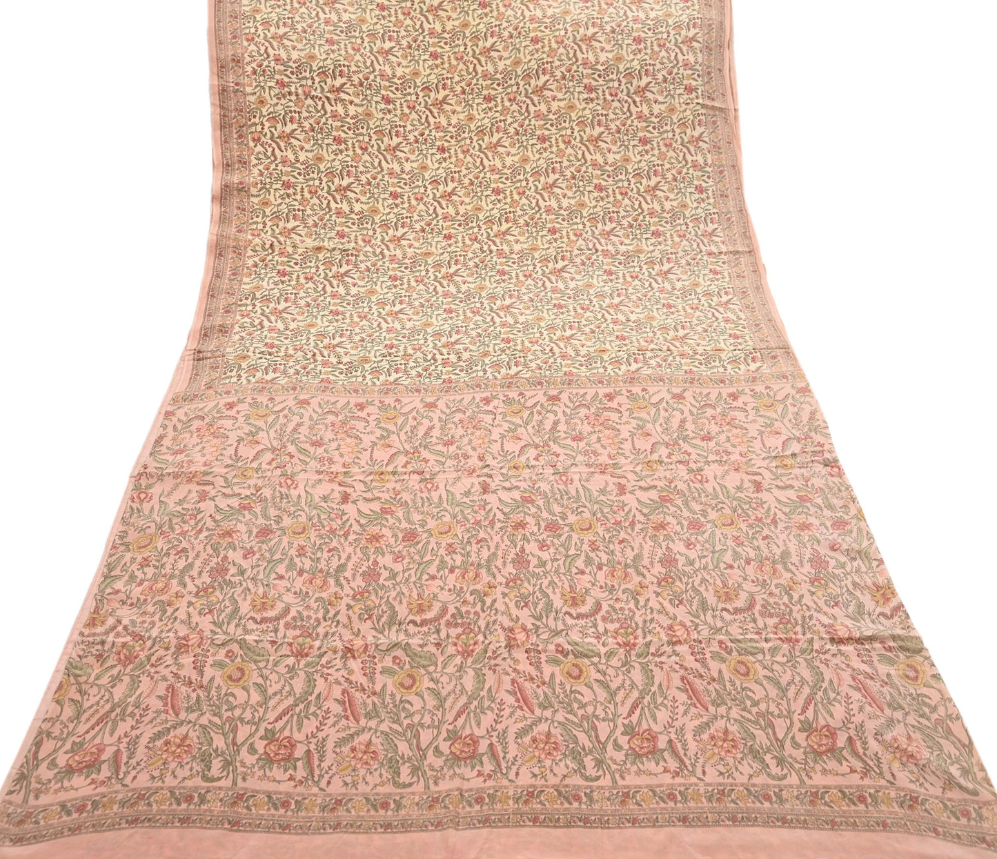 Indian Vintage Sari Beige & Peach Pure Crepe Silk Printed Saree 5yard Sewing Quilting Floral Soft Craft Fabric Wrap