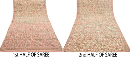 Indian Vintage Sari Beige & Peach Pure Crepe Silk Printed Saree 5yard Sewing Quilting Floral Soft Craft Fabric Wrap