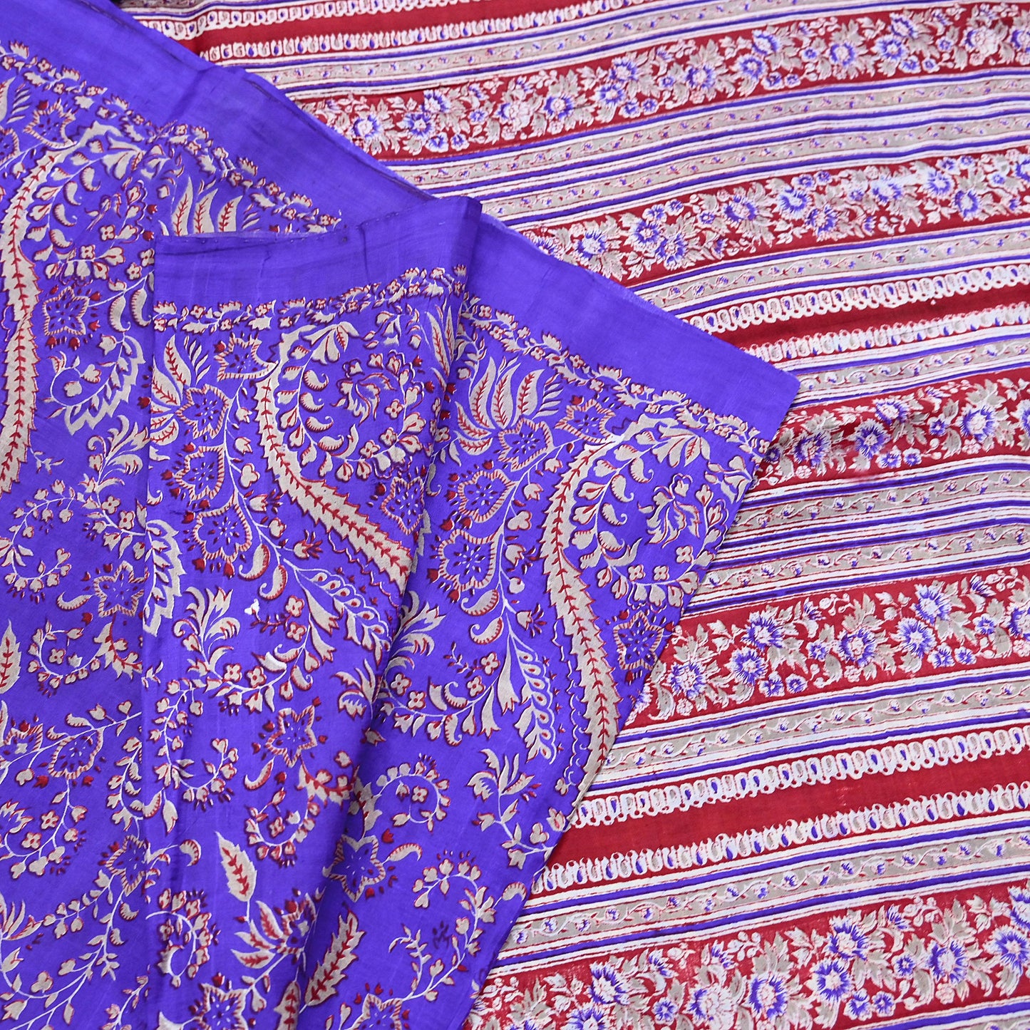 Indian Vintage Red & Purple Pure Silk Printed Saree 5Yards Soft Floral Fabric for Dressmaking, Quilting, Crafting, Sewing, Dress Making