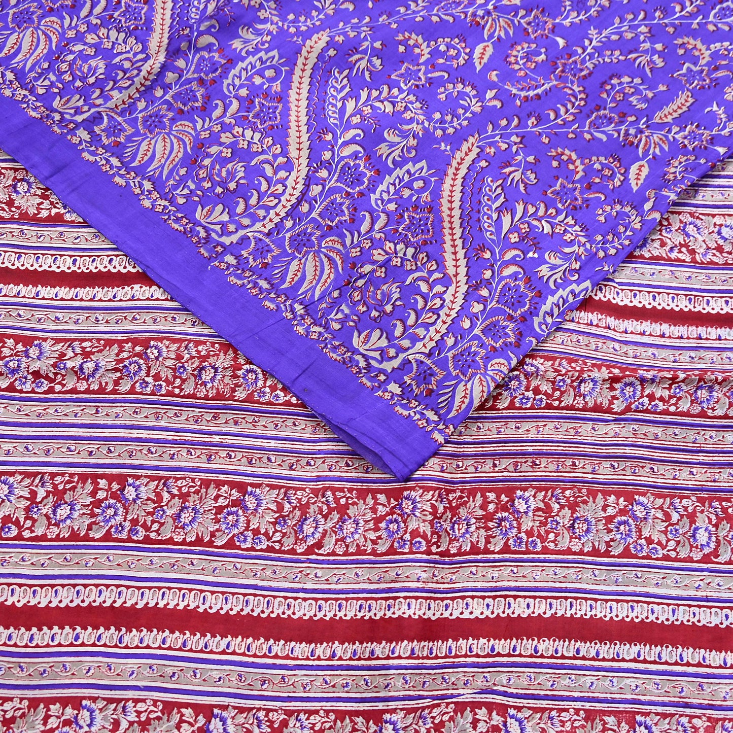 Indian Vintage Red & Purple Pure Silk Printed Saree 5Yards Soft Floral Fabric for Dressmaking, Quilting, Crafting, Sewing, Dress Making