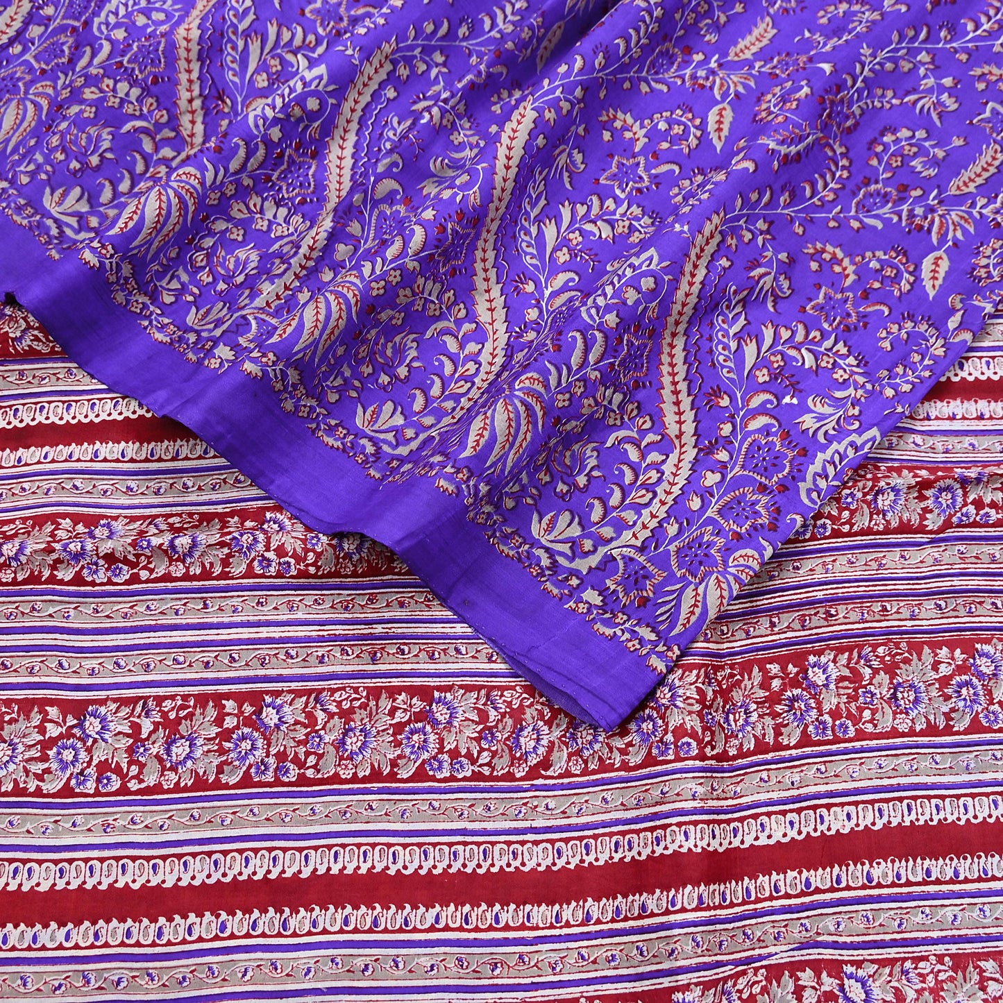 Indian Vintage Red & Purple Pure Silk Printed Saree 5Yards Soft Floral Fabric for Dressmaking, Quilting, Crafting, Sewing, Dress Making