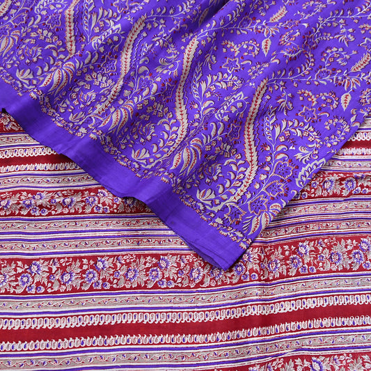 Indian Vintage Red & Purple Pure Silk Printed Saree 5Yards Soft Floral Fabric for Dressmaking, Quilting, Crafting, Sewing, Dress Making