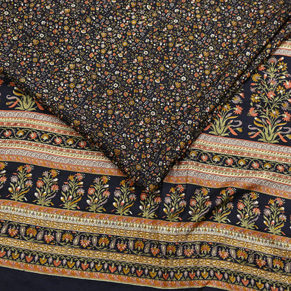 Vintage Sari Black Pure Silk Printed Saree Craft Fabric 6yard Sewing Floral Soft Dress Designing for Crafting Upcycle Quilting