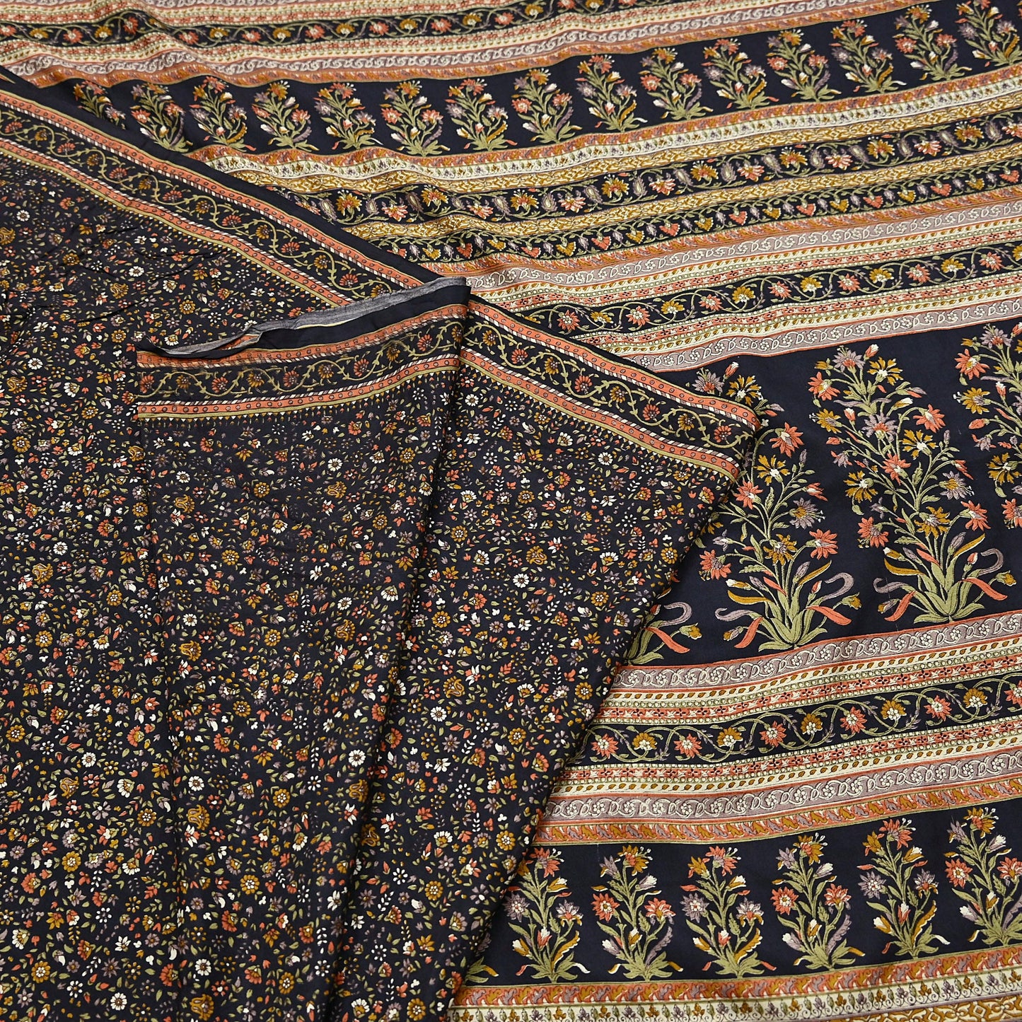 Vintage Sari Black Pure Silk Printed Saree Craft Fabric 6yard Sewing Floral Soft Dress Designing for Crafting Upcycle Quilting