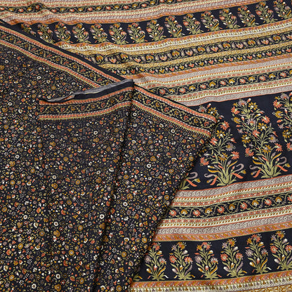 Vintage Sari Black Pure Silk Printed Saree Craft Fabric 6yard Sewing Floral Soft Dress Designing for Crafting Upcycle Quilting