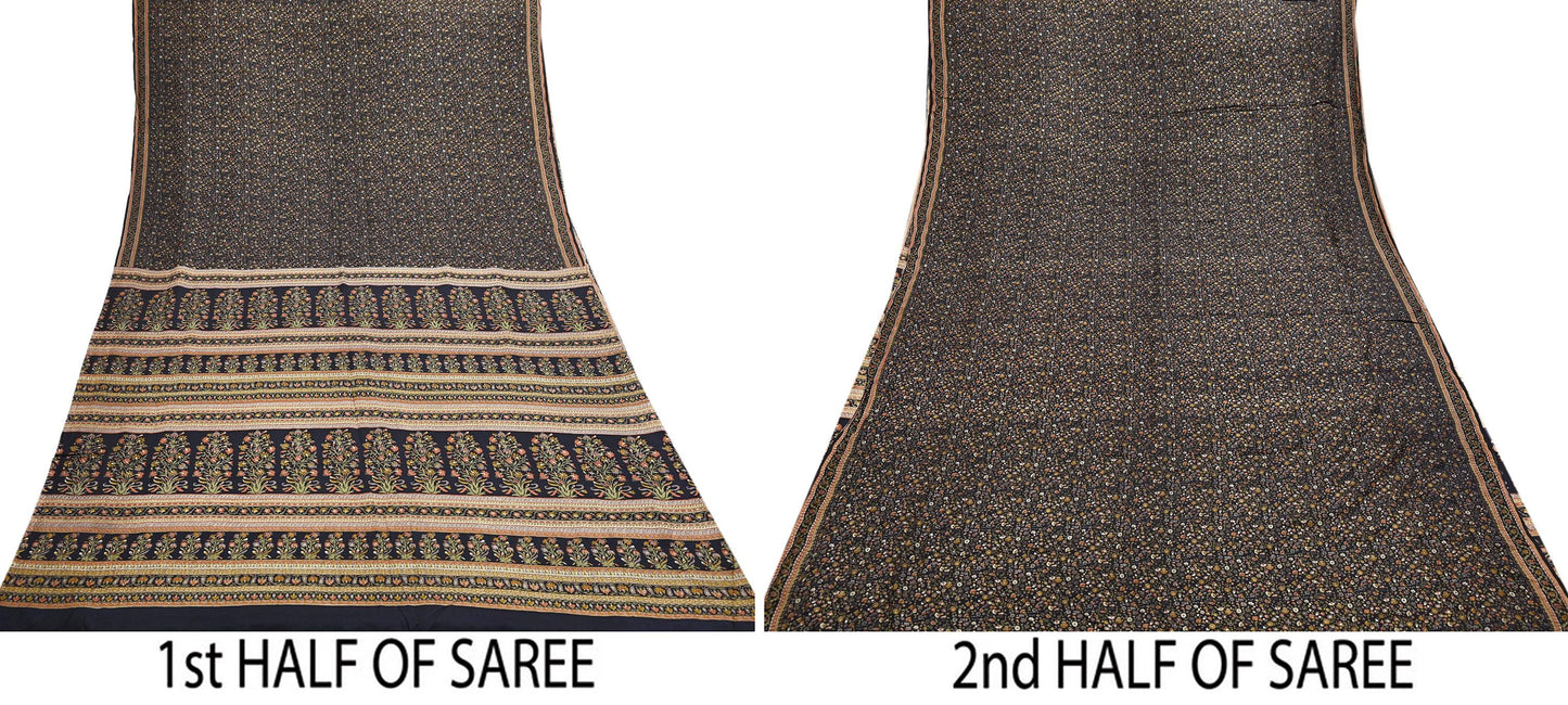 Vintage Sari Black Pure Silk Printed Saree Craft Fabric 6yard Sewing Floral Soft Dress Designing for Crafting Upcycle Quilting